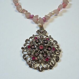 Vintage Victorian Revival Pink Rhinestone & Natural Shell Pendant Necklace